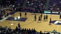 Basket-ball player fakes handshake, steals ball and dunks it.