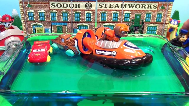 Paw Patrol ZUMA's Hovercraft in the Pool with Mater, Lightning McQueen, Dora, and the Teletubbies L