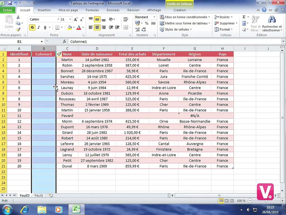 010-Insérer des colonnes dans un tableau - Formation intégrale sur Excel 2010