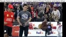 Aamir Khan, Deepika Padukone and Askhay Kumar playing an exhibition match with Roger Federer, Novak Djokovic and Sania Mirza in Delhi, India