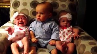 Cute Baby is Surprised at Meeting Twin Sisters
