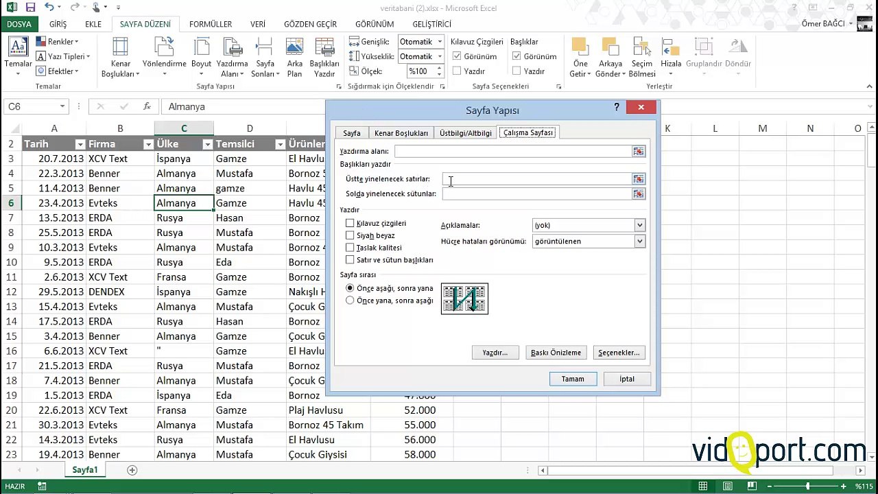 Ömer BAĞCI ile Excel 2013-1001-Excel'de başlıkları yazdırmak
