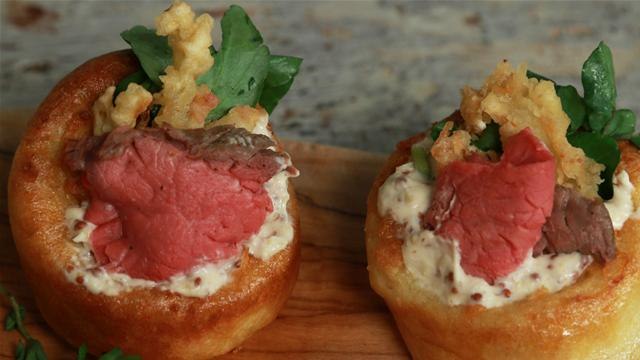 Mini Roast Beef Yorkshire Puddings With Shoestring Onions