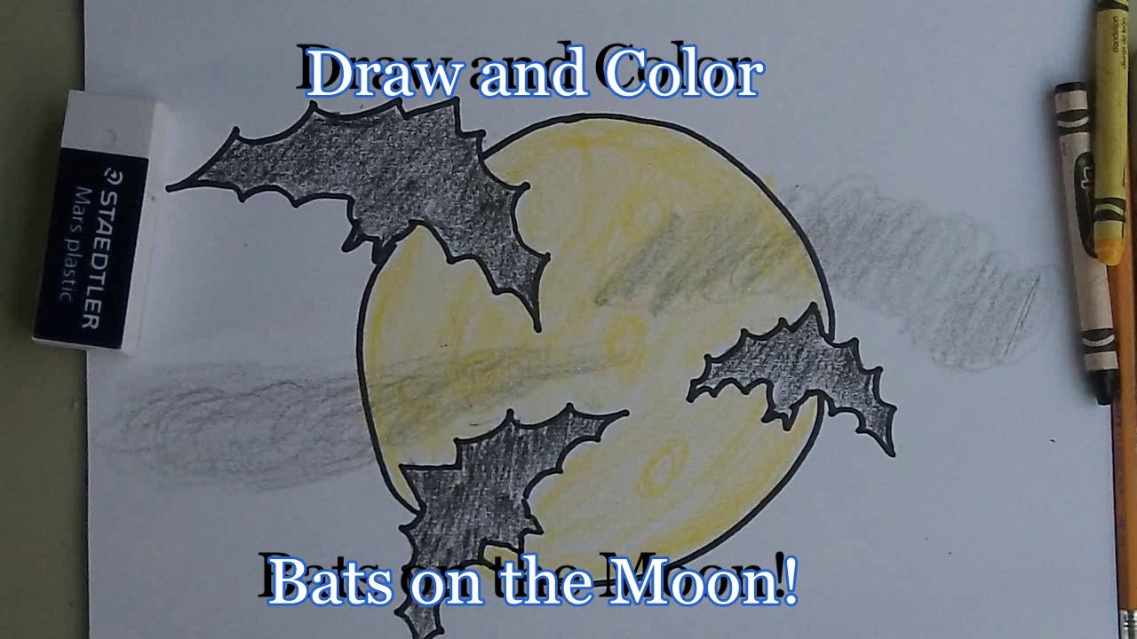 How to draw bats on the moon for Halloween, step by step for kids