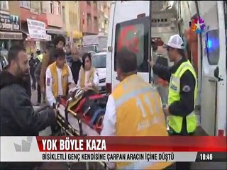 Yok böyle kaza Bisikletli genç kendisine çarpan aracın içine düştü