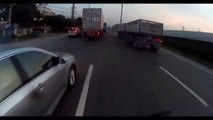 Scooter riders are very lucky! Accident between two trucks
