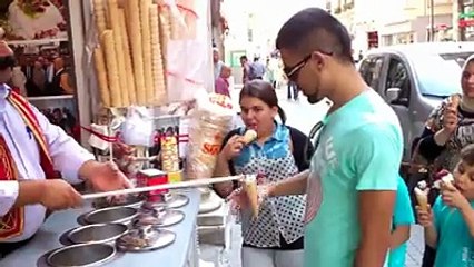 Very funny shopkeeper selling ice cream