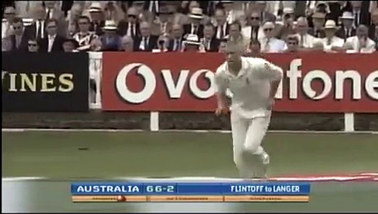 Andrew Flintoff, 1st ASHES Wicket, Hostile Delivery to Justin Langer