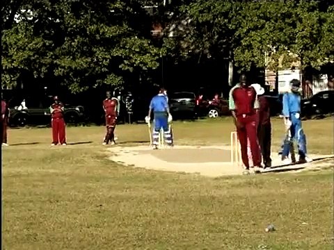 Cameron Cuffy,former West Indies fast bowler, gets the long handle from Andy Douglas