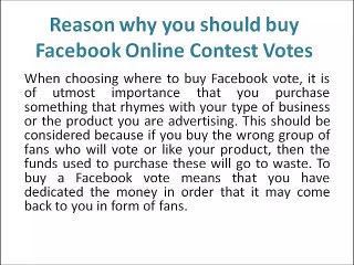 Reason why you should buy Facebook Online Contest Votes