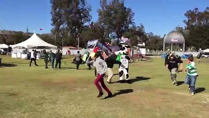 Un tourbillon de poussière fait s'envoler des structures d'un festival