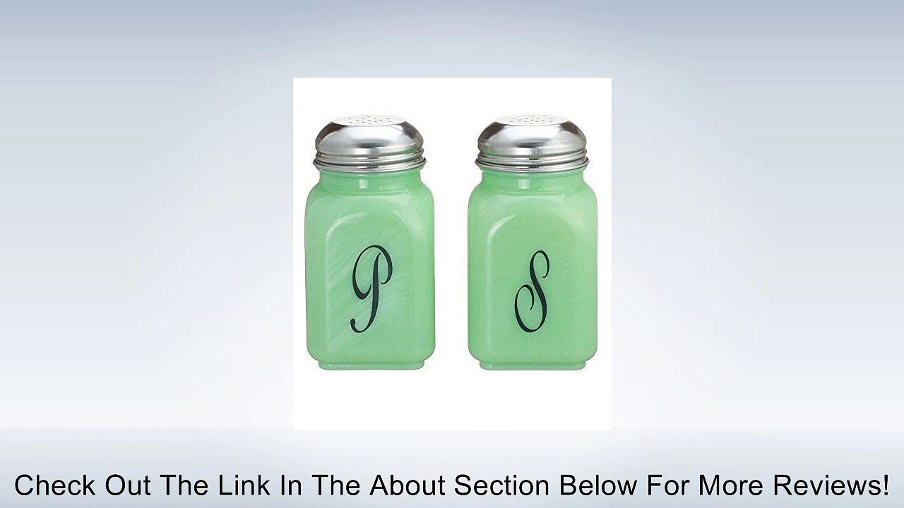 Square Jade Green Glass Salt & Pepper Shakers Script S & P Made in Ohio Review