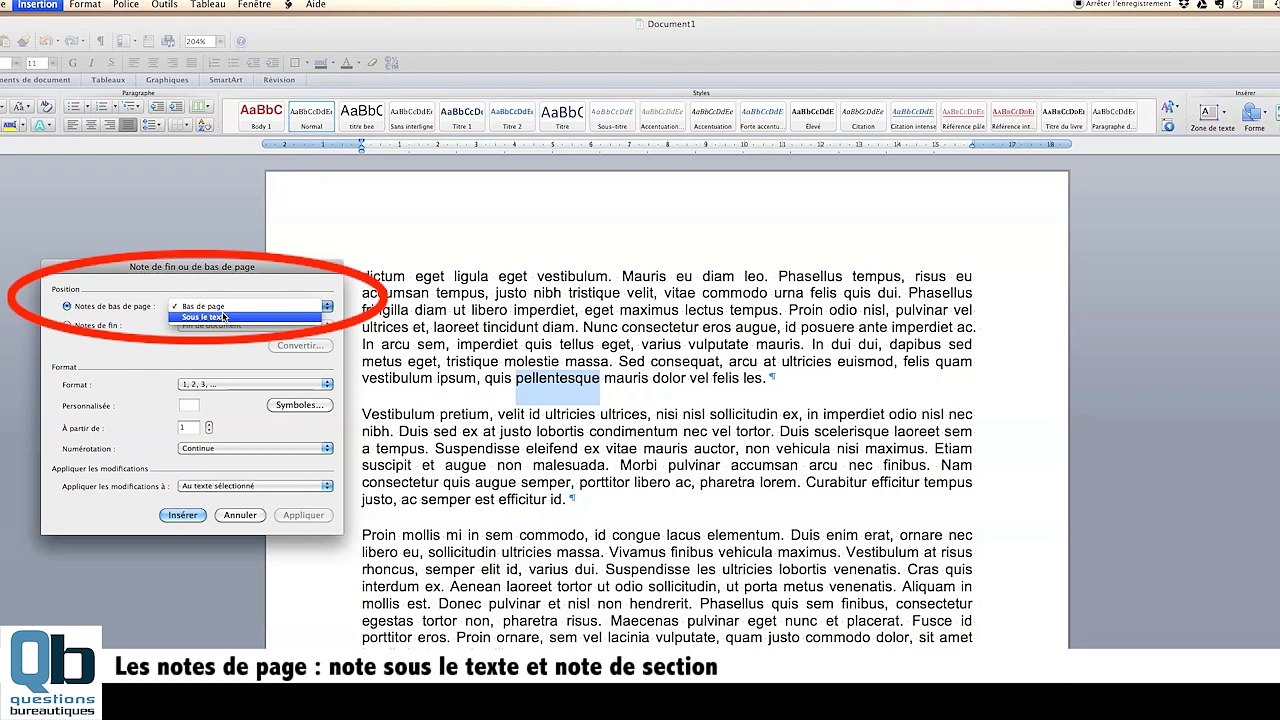 note de page sous word : note sous le texte et note de section