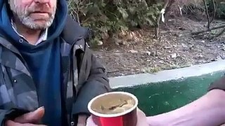 Magic trick with coffee for a homeless wow