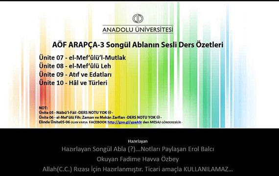 AÖF ARAPÇA-3 Ünite 07-10 Erol Balcı Paylaşımı Songül Ablanın Ders Özetleri DM