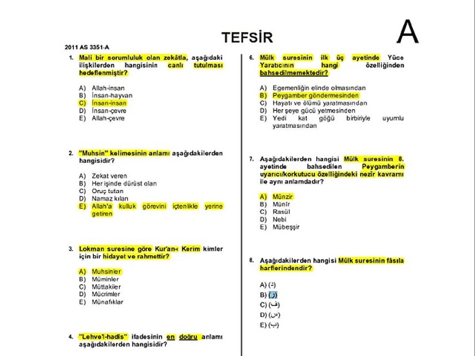 AÖF ilh2001 Tefsir 2011-2012 Güz Ara Sınavı Soru ve Cevapları