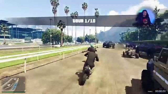 Moto race of 27 people in hippodrome against monster trucks & pickups!