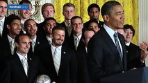 US President Barack Obama jokes with David Beckham