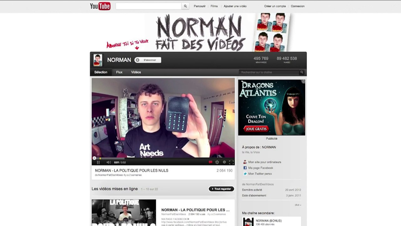 Crunch (Nestlé) - chocolat, "Crunch sort Norman de sa chambre, avec Norman Thavaud, youtube.com/crunchfrance" - février 2012