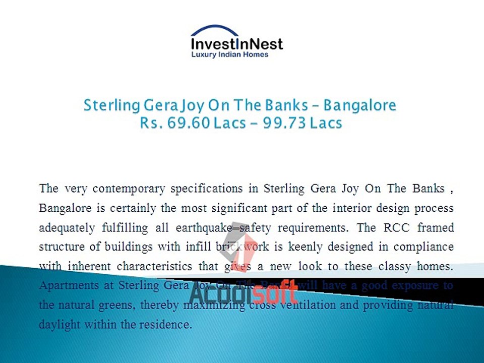 InvestInNest.com is Providing Discount on Sterling Gera Joy On The Bank - Bangalore