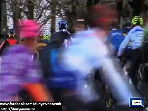 Riders show their talent by riding cycles on icy mountains