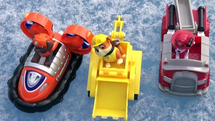Paw Patrol Rubble Marshall and Zuma on the RC Lamborghini's and Lightning McQueen on the Frozen Pool