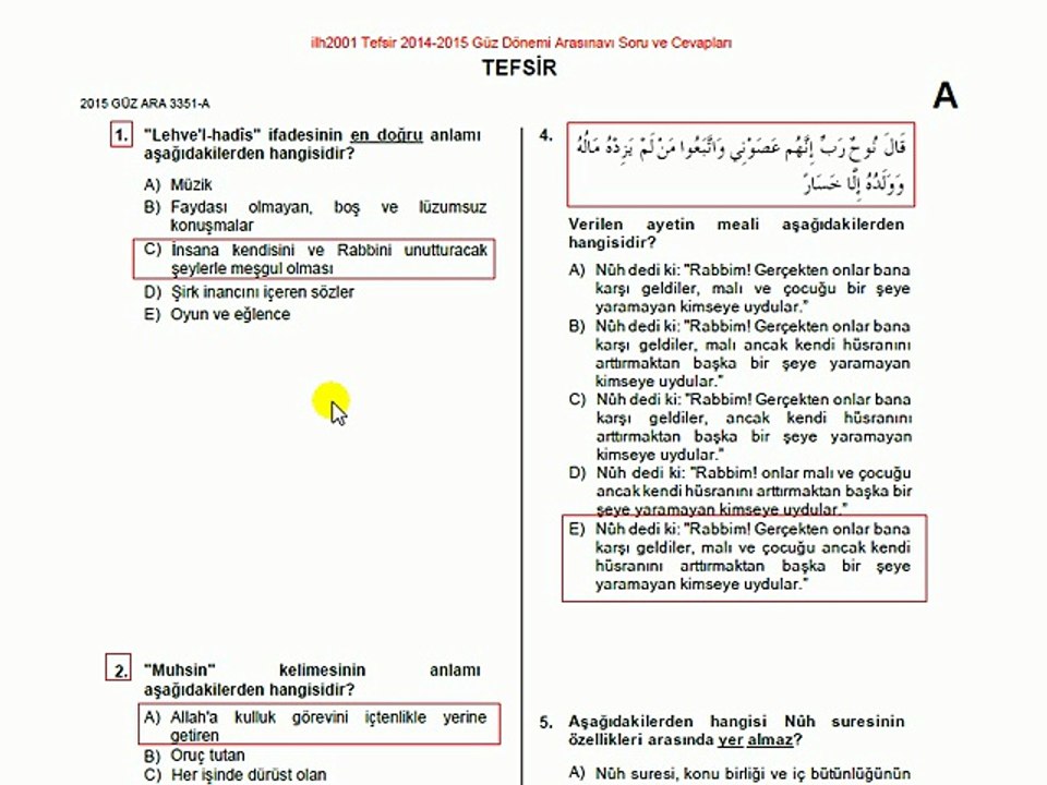 AÖF ilh2001 Tefsir 2014-2015 Güz Ara Sınavı Soru ve Cevapları