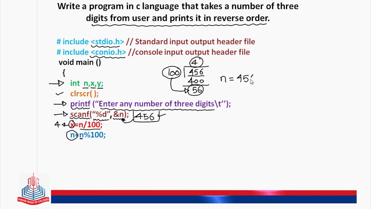 C Program That Takes A Number Of Three Digits From User And Print Its Reverse Order Video 