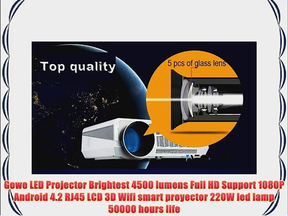 Gowe LED Projector Brightest 4500 lumens Full HD Support 1080P Android 4.2 RJ45 LCD 3D Wifi