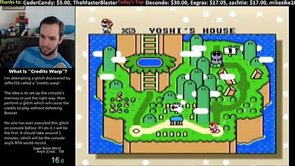 Grâce à des actions précises dans Super Mario World, il arrive à exécuter un code qui affiche la fin du jeu (Credit Warp)