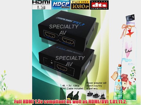 1x2 HDMI Distribution Amplifier Amp Splitter Multiplier 3D Capable 1080p 1.3V HDCP