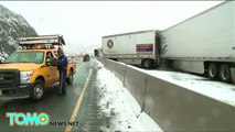 Semi-trucks smash car in highway accident, man walks away lucky to be alive - YouTube