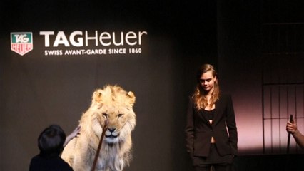 Cara Delevingne poses with a real lion cub