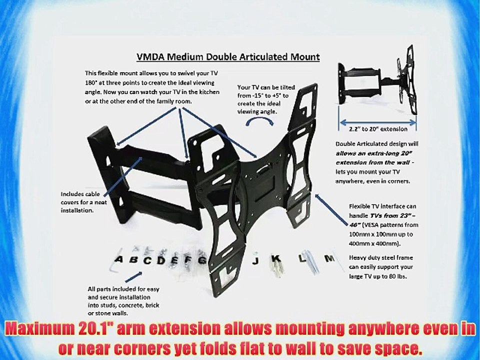 Rocelco VMDA Medium Double Articulated TV Mount for TV Up to 46 Inches (Black)