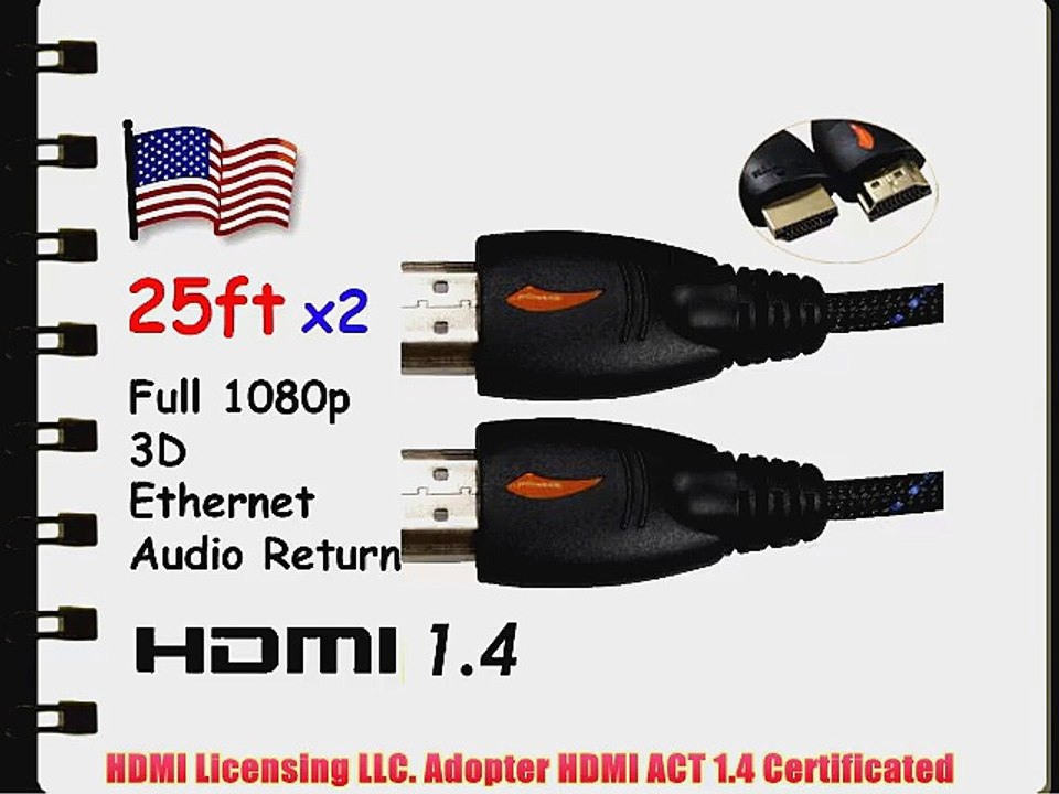 ADVANCED PACK OF 2 - 25ft X2 HDMI Cable w/Nylon Net Mesh 1.4 Category 2 Certified Gold Digital
