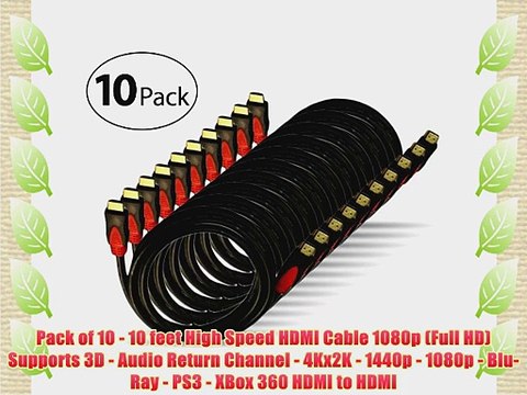 High Speed HDMI Cable With Ethernet 10 PACK (10 Ft) - Supports 3D