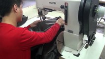 Post bed sewing machine for thick thread decorative seam on leather sofas and car seat covers