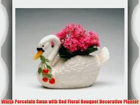 White Porcelain Swan with Red Floral Bouquet Decorative Planter