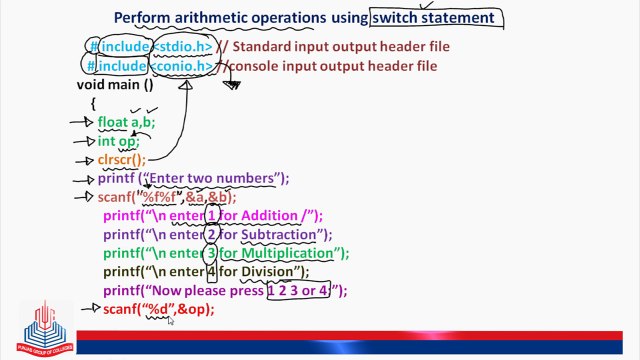 Perform arithmetic operations using switch statement.