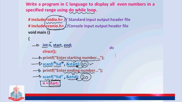 C Program: Write a program in c language to display all even numbers in a specified range using do while loop.