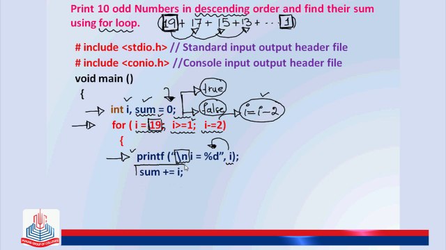 C Program: To print 10 odd numbers in descending order and find their sum using for loop.