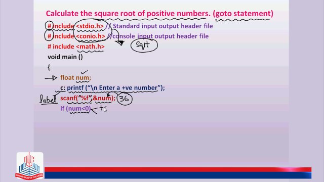 C Program: Calculate the square root of the positive numbers. (goto statement).