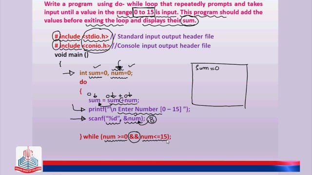 C Program: Write a program using do-while loop that repeatedly prompts and takes input until a value in the range 0-15 is input. This program should add the value before existing the loop and displays their sum.