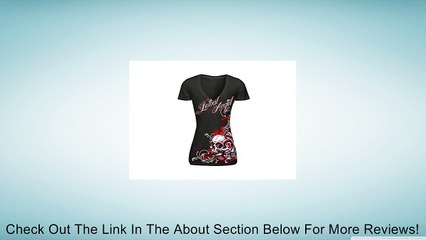 Lethal Threat Women's Lethal Angel Floral Skull V-Neck T-Shirt (Black/Red, Medium) Review
