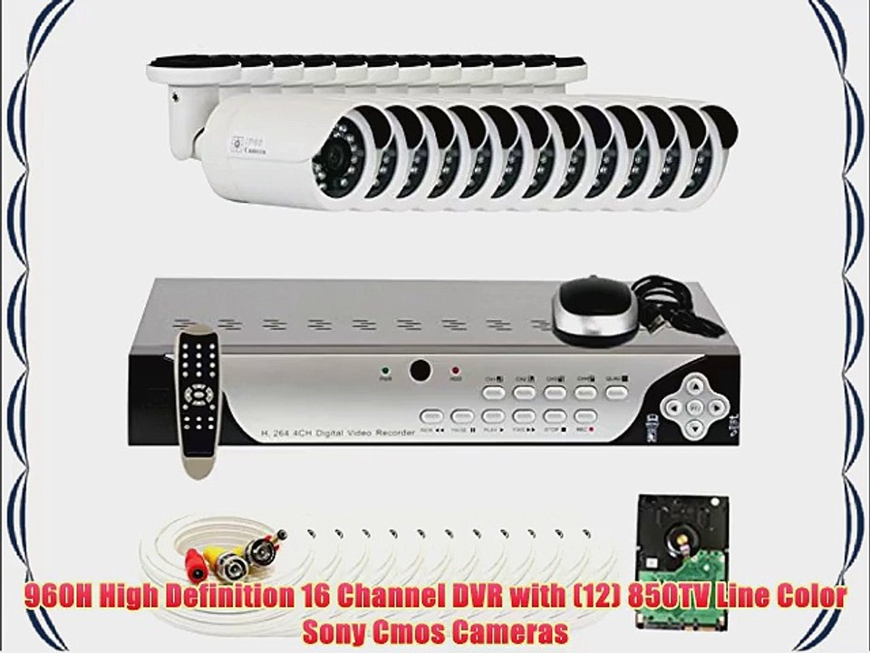 GW Security 16 Channel 960H Security Camera DVR System with 12 x 850 TVL Cameras and Pre-Installed