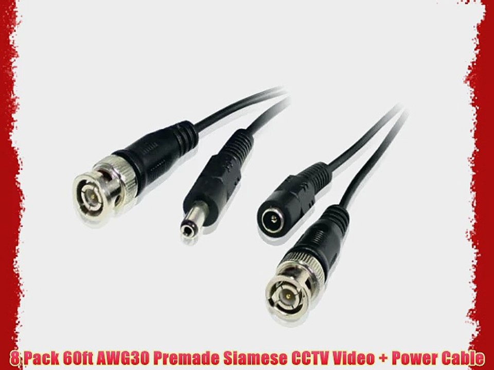 8 Pack 60ft AWG30 Premade Siamese CCTV Video   Power Cable