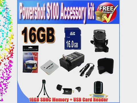 PowerShot S100 Accessory Saver Bundle! (16GB SDHC Memory Extended Life Battery Ac/Dc Rapid