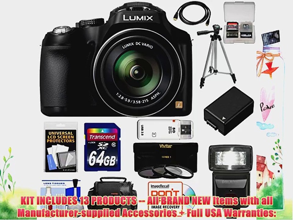 Panasonic Lumix DMC-FZ70 Digital Camera (Black) with 64GB Card   Battery   Case   Flash   Tripod