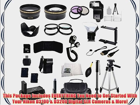 The EVERYTHING YOU NEED Package for Nikon D3100 and Nikon D3200 Digital SLR Cameras. Includes: