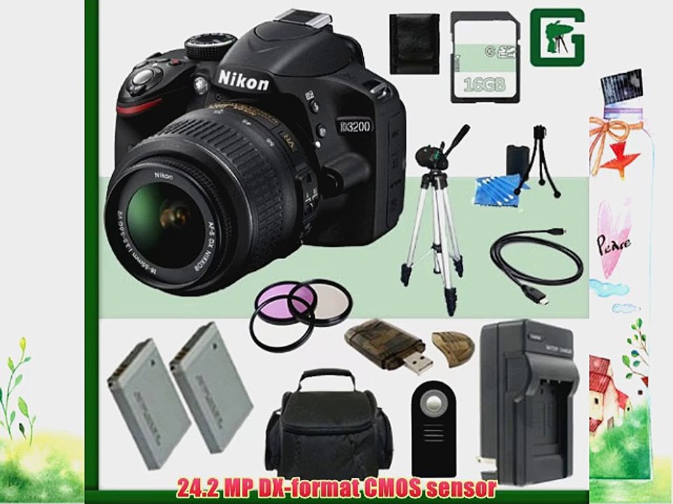 Nikon D3200 CMOS DSLR Camera with 18-55mm VR Lens (Black)   16GB   Green's Camera Bundle